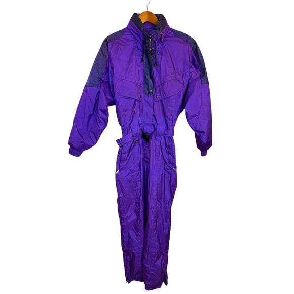 Vintage Nevica Snowsuit Women 8 Purple 80s Retro Ski Snowboard Belt One Piece‎ - Picture 1 of 7